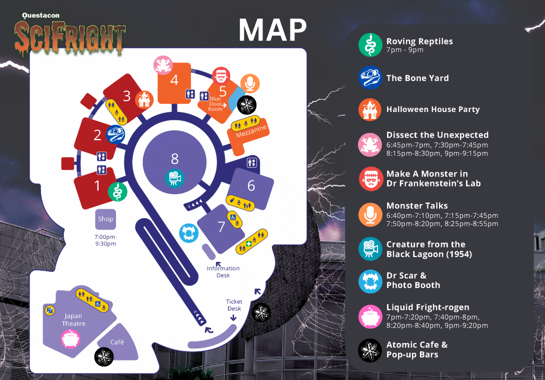 Map of Questacon’s SciFright Halloween event showing numbered zones for activities such as Roving Reptiles, Halloween House Party, Monster Talks, and themed sessions. Includes event times and locations around the venue, with icons for each activity.