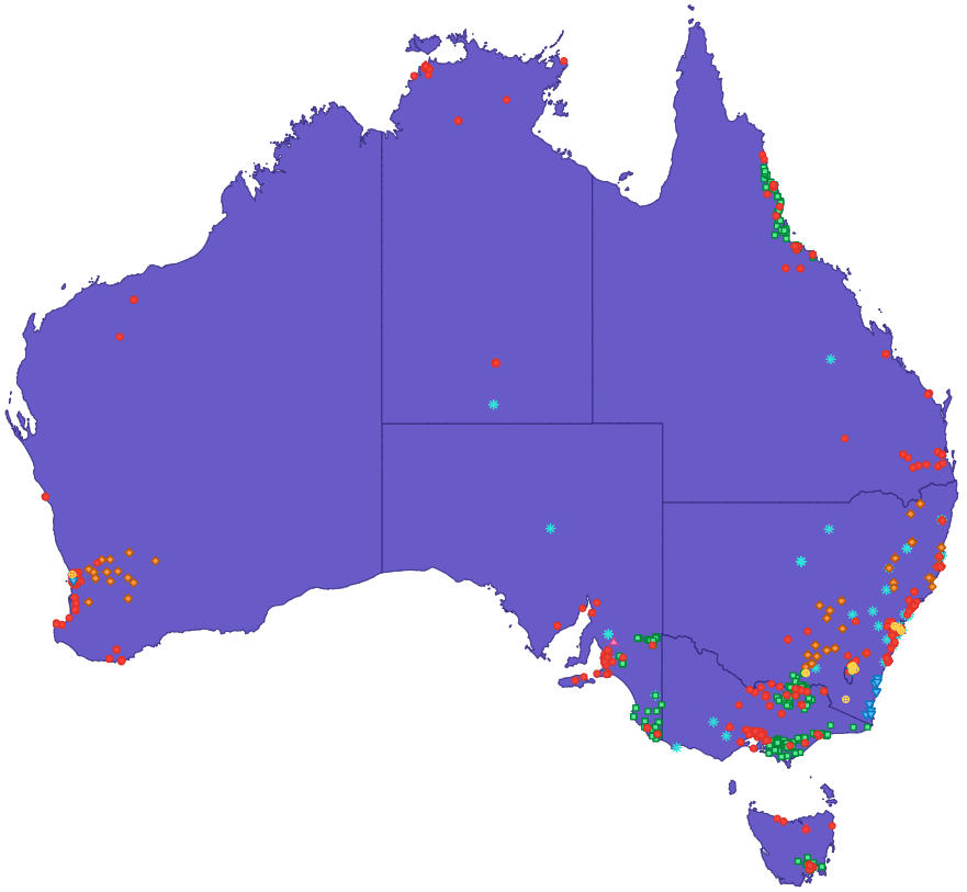 Map of Australia with colored markers showing locations of various programs and events, concentrated along eastern and southeastern coasts and major cities