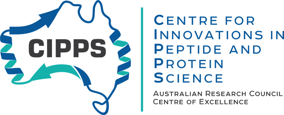Logo for the Centre for Innovations in Peptide and Protein Science (CIPPS). The logo features the outline of Australia formed by a blue and teal ribbon, with the acronym “CIPPS” in bold black letters at the centre. To the right, blue text reads “Centre for Innovations in Peptide and Protein Science,” with smaller black text below reading “Australian Research Council Centre of Excellence.” A vertical teal line separates the icon from the text.