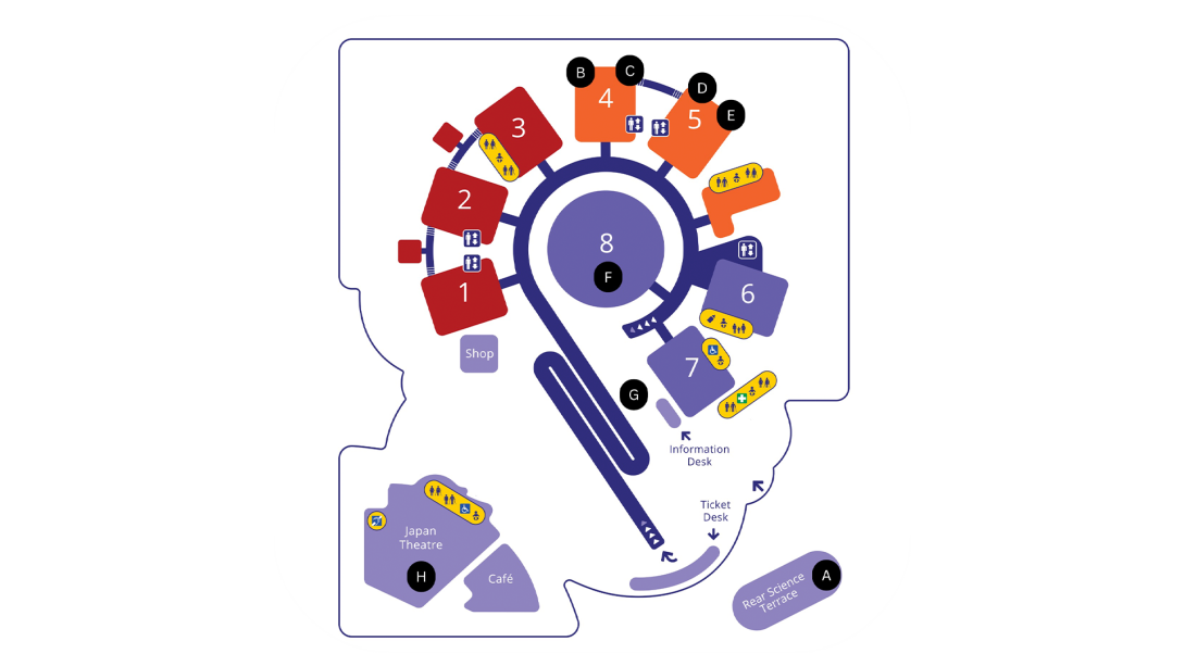 Floor map of an event space showing eight numbered activity zones arranged around a central circular hub, with labelled locations A–H, accessibility icons, restrooms, information and ticket desks, a shop, café and Japan Theatre.